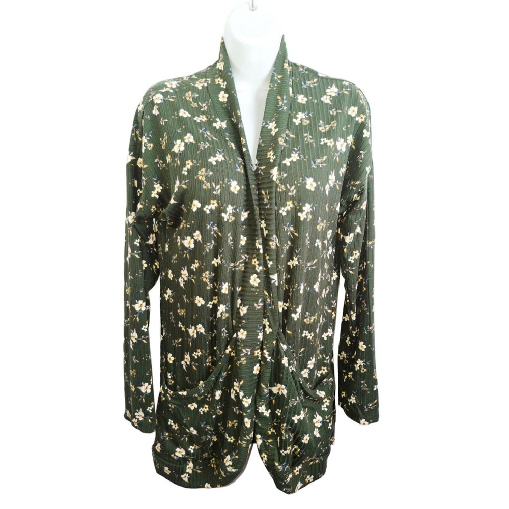 Égy Green Floral Ribbed open Cardigan M cottage core with pockets